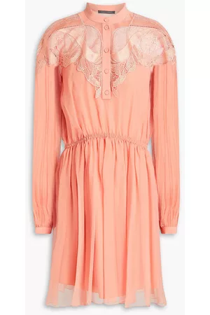 Alberta Ferretti Women Dresses - Gathered lace-paneled georgette mini dress - Orange