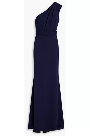 Badgley Mischka Women Party Dresses - One-shoulder belted crepe gown - Blue