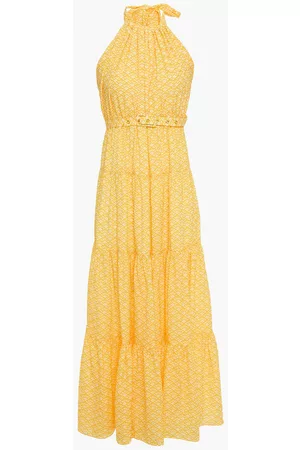 Studio Paloma Women Printed Dresses - Octavia belted tiered printed crepe de chine halterneck midi dress - Yellow