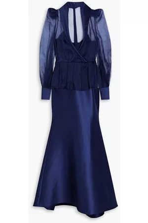 Badgley Mischka Women Party Dresses - Wrap-effect organza-paneled satin gown - Blue