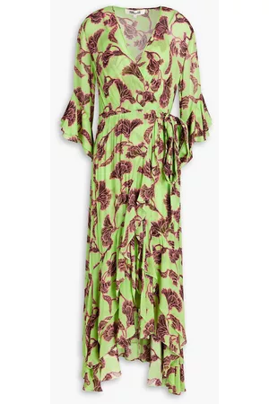 Diane von Furstenberg Women Printed Dresses - Ruffled printed stretch-mesh midi dress - Green