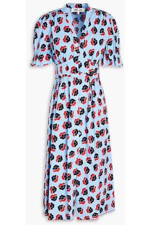 Diane von Furstenberg Women Printed Dresses - Erica gathered printed cotton-blend poplin midi dress - Blue