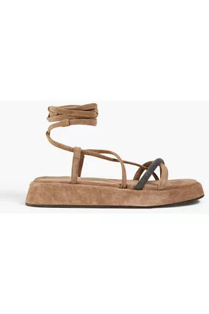 Brunello Cucinelli Women Sandals - Bead-embellished suede platform sandals - Neutral