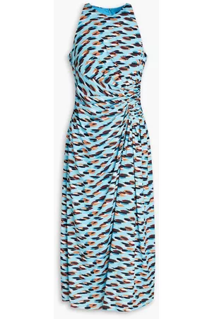 Badgley Mischka Women Printed Dresses - Pleated printed satin midi dress - Blue