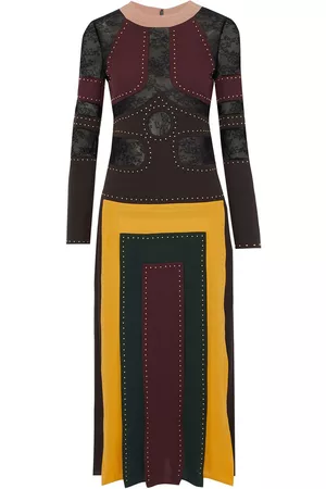 VALENTINO Women Midi Dresses - Garavani - Lace-paneled pleated studded silk crepe de chine midi dress