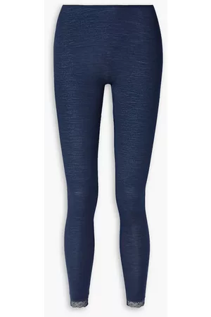 Hanro Women Leggings - Lace-trimmed ribbed merino wool and silk-blend leggings - Blue