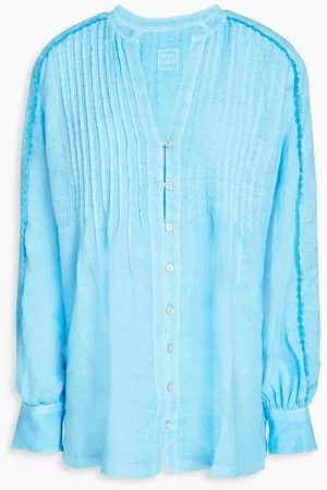 120% Lino Women Blouses - Pintucked linen blouse - Blue