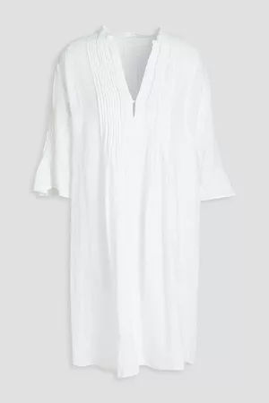 120% Lino Women Tunic Dresses - Pintucked linen kaftan
