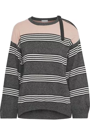 Brunello Cucinelli Women Sweaters - Bead-embellished striped cashmere sweater - Gray