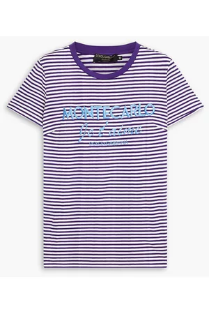 Dolce & Gabbana Women Long Sleeve Polo Shirts - Embroidered striped cotton-jersey T-shirt - Purple
