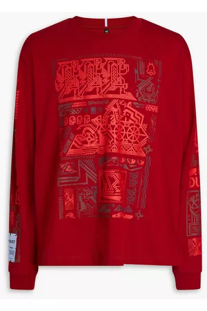 McQ Men Long Sleeve Polo Shirts - Appliquéd printed cotton-jersey T-shirt - Red