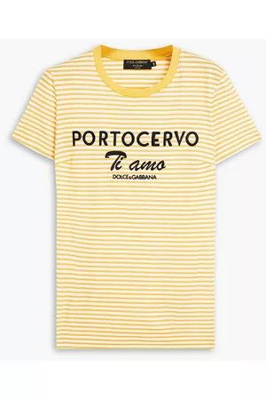 Dolce & Gabbana Women Long Sleeve Polo Shirts - Embroidered striped cotton-jersey T-shirt - Yellow