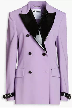 Moschino Women Double Breasted Blazers - Double-breasted patent-leather trimmed crepe blazer - Purple