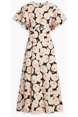 Derek Lam Women Printed Dresses - Cutout printed stretch cotton-poplin midi dress - Orange