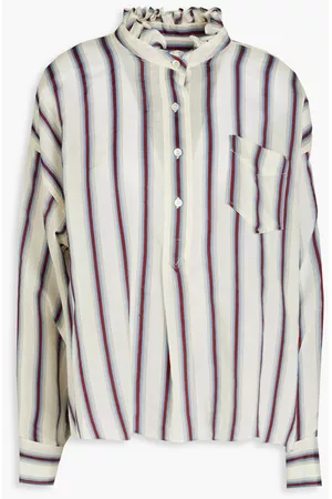 Isabel Marant Women Long Sleeve Polo Shirts - Olena ruffle-trimmed striped cotton-blend shirt - White