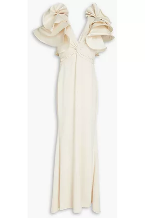Badgley Mischka Women Party Dresses - Twist-front ruffled faille and crepe gown - White