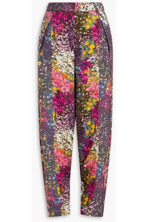 ROTATE Women Pants - Pleated floral-print satin-twill tapered pants