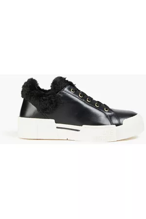 Love Moschino Women Fur Shoes - Faux fur-trimmed leather sneakers