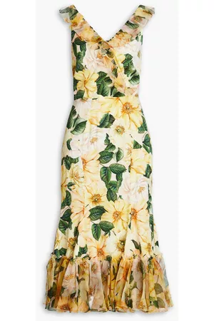 Dolce & Gabbana Women Printed Dresses - Ruffled floral-print silk-blend crepe de chine midi dress - Yellow