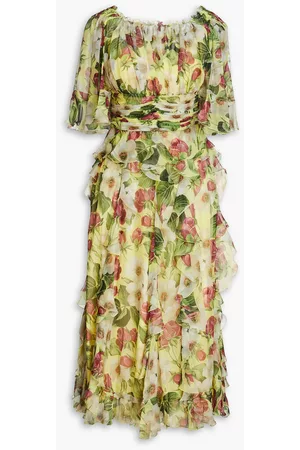 Dolce & Gabbana Women Chiffon Midi Dresses - Ruffled floral-print silk-chiffon midi dress - Yellow