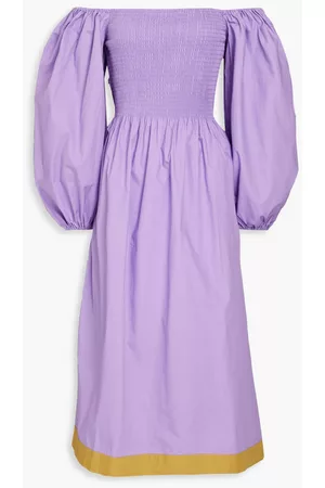 Stella Nova Women Midi Dresses - Vala off-the-shoulder shirred cotton-poplin midi dress - Purple