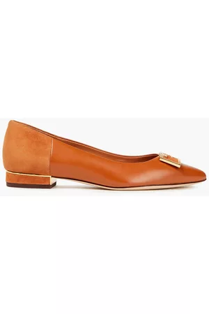Tory Burch Women Lace up Ballerinas - Logo-appliquéd leather and suede point-toe flats - Brown