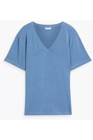 IRIS & INK Women Long Sleeve Polo Shirts - Thea stretch-linen jersey T-shirt - Blue