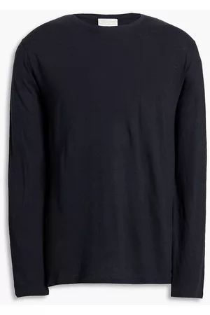 120% Lino Men Long Sleeve Polo Shirts - Linen and cotton-blend jersey T-shirt - Blue
