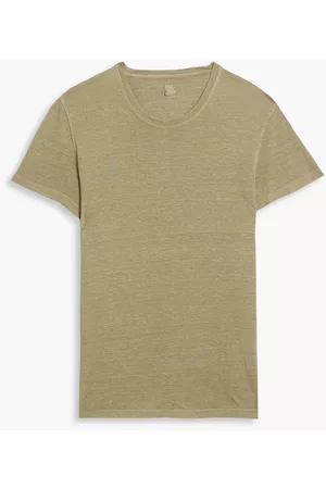 120% Lino Men Long Sleeve Polo Shirts - Linen and cotton-blend jersey T-shirt - Green