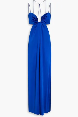 Saloni Mimi-b Fluted Hammered Silk-satin Maxi Dress in Blue