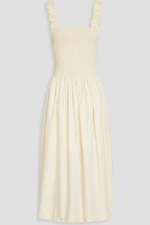 Looking Up White Smocked Tie-Strap Midi Dress