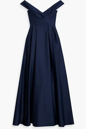 Marchesa Notte Pleated duchesse-satin gown - Blue