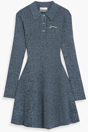 Ganni Marled ribbed-knit mini shirt dress - Blue