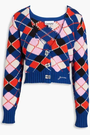 Ganni Intarsia-knit cotton cardigan - Blue