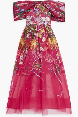 Marchesa Notte Off-the-shoulder embroidered charmeuse and tulle midi dress - Pink