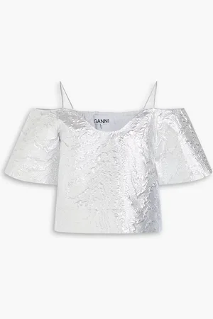 Ganni Cold-shoulder cropped metallic cotton-blend cloqué top - Metallic