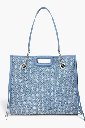 Maje Leather-trimmed distressed denim tote - Blue