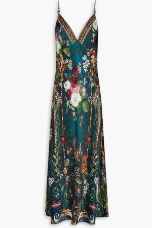 Camilla Crystal-embellished floral-print silk-satin midi slip dress - Blue