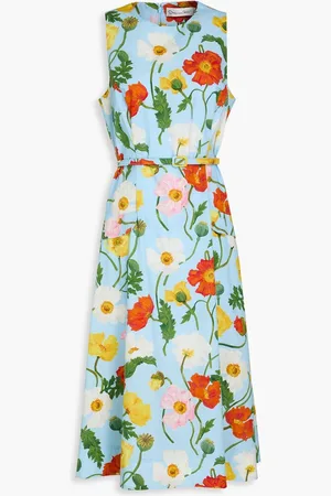 Oscar de la Renta Belted floral-print cotton-blend poplin midi dress - Blue