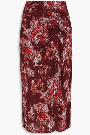 IRO Alise ruched printed crepe de chine midi skirt - Burgundy