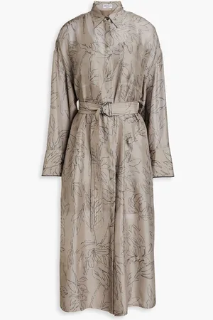 Brunello Cucinelli Belted printed silk maxi shirt dress - Neutral