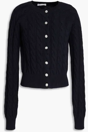 Paco rabanne Embellished cable-knit mohair-blend cardigan - Blue