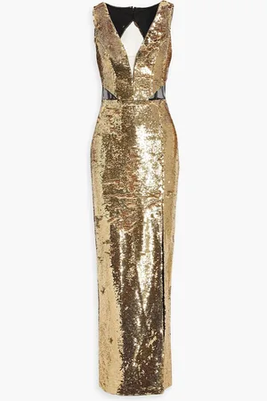 Marchesa Notte Tulle-paneled sequined chiffon gown - Metallic