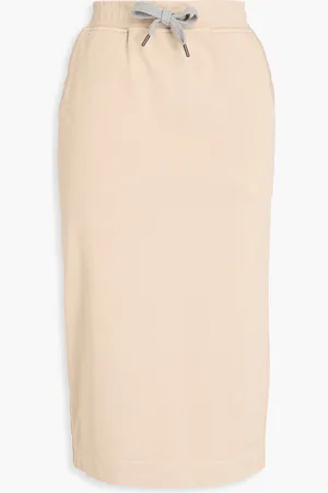 Brunello Cucinelli Bead-embellished French cotton-terry midi skirt - Neutral