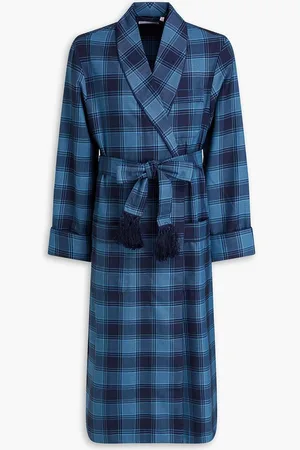 DEREK ROSE Belted checked wool-twill robe - Blue