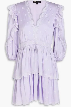 Maje Tiered embroidered satin mini dress - Purple