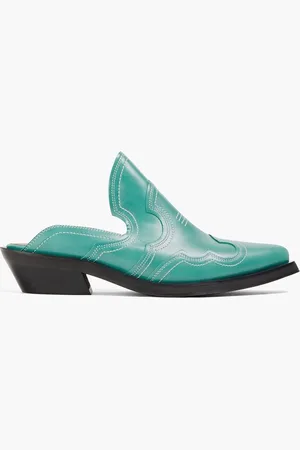 Ganni Embroidered leather mules - Blue