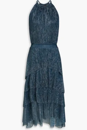 Maje Tiered metallic plissé-jersey midi dress - Blue