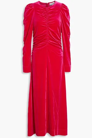 Ganni Ruched velvet midi dress - Pink