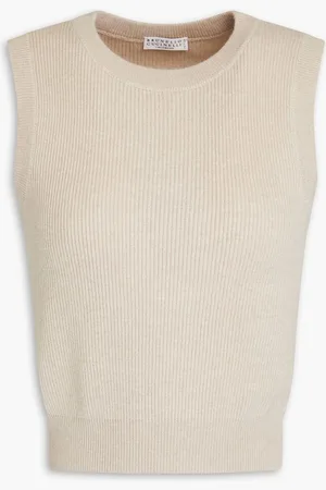 Brunello Cucinelli Cropped bead-embellished ribbed cashmere top - Neutral